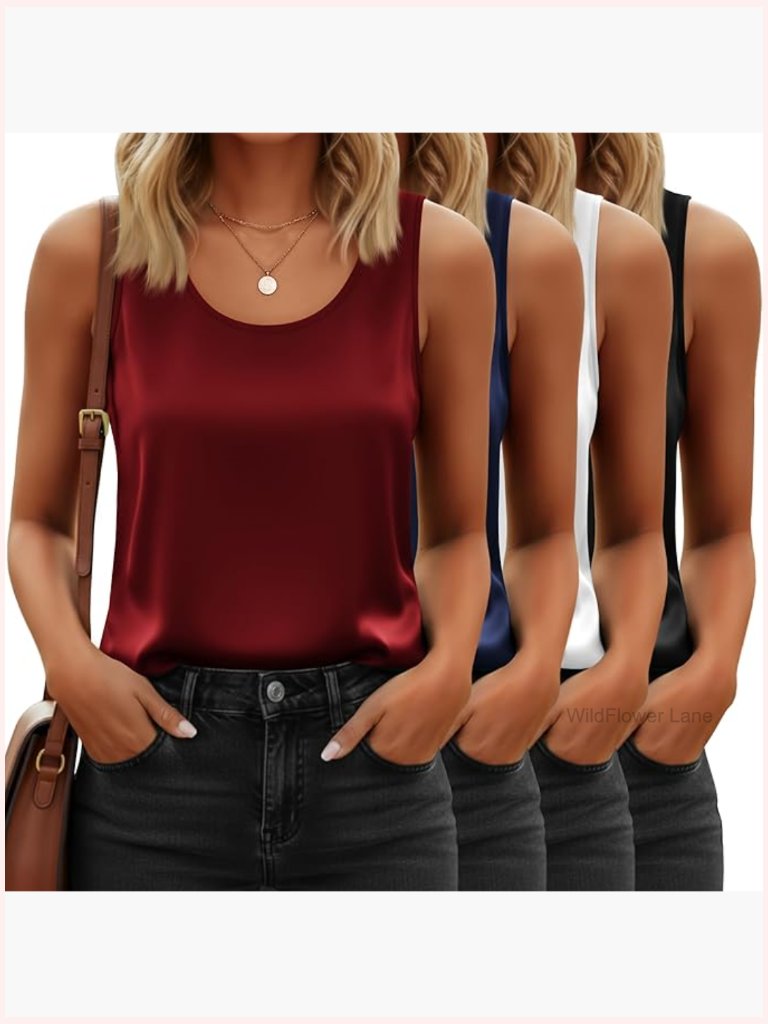 4-Pack Silk Satin Tank Tops Camisole Sleeveless Undershirt Scoop Neck